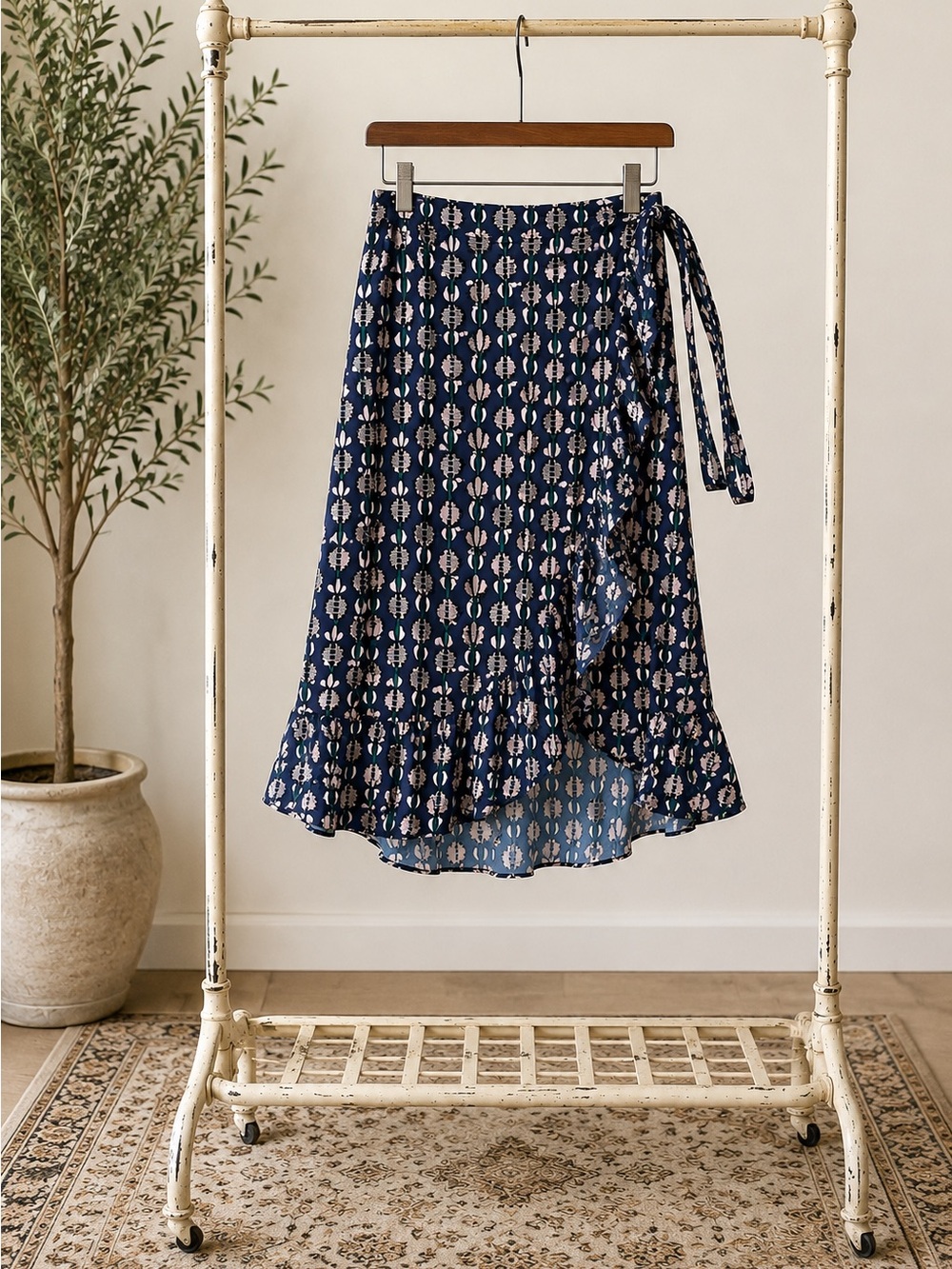 Navy Blue Printed Wrap Skirt // Women Work Clothes